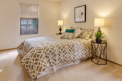 白色和棕色的四叶草床罩放在靠近窗户的床上